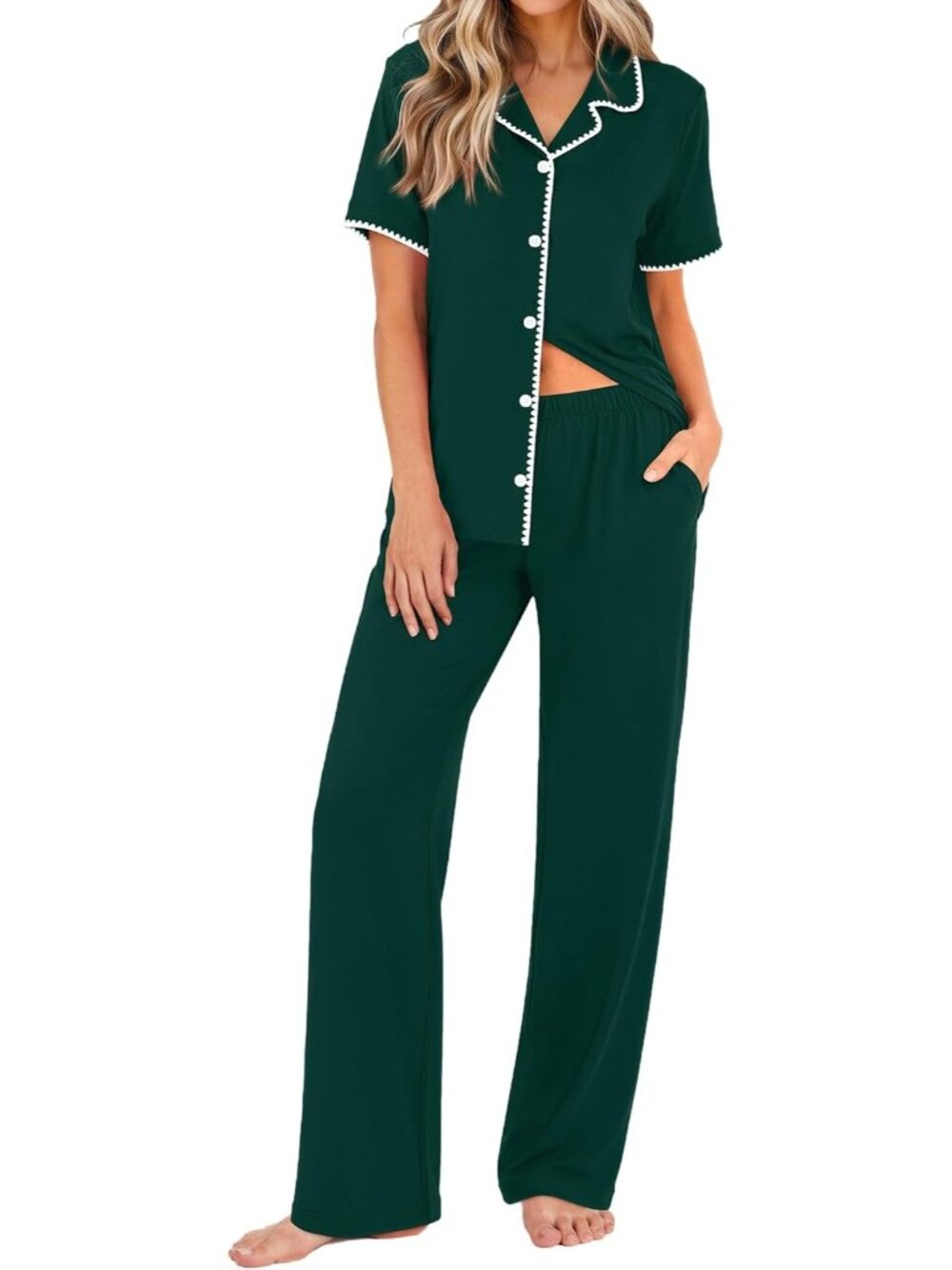 Women's Lake Green Button Down Short Sleeve Shirt Loungewear Pajamas Set